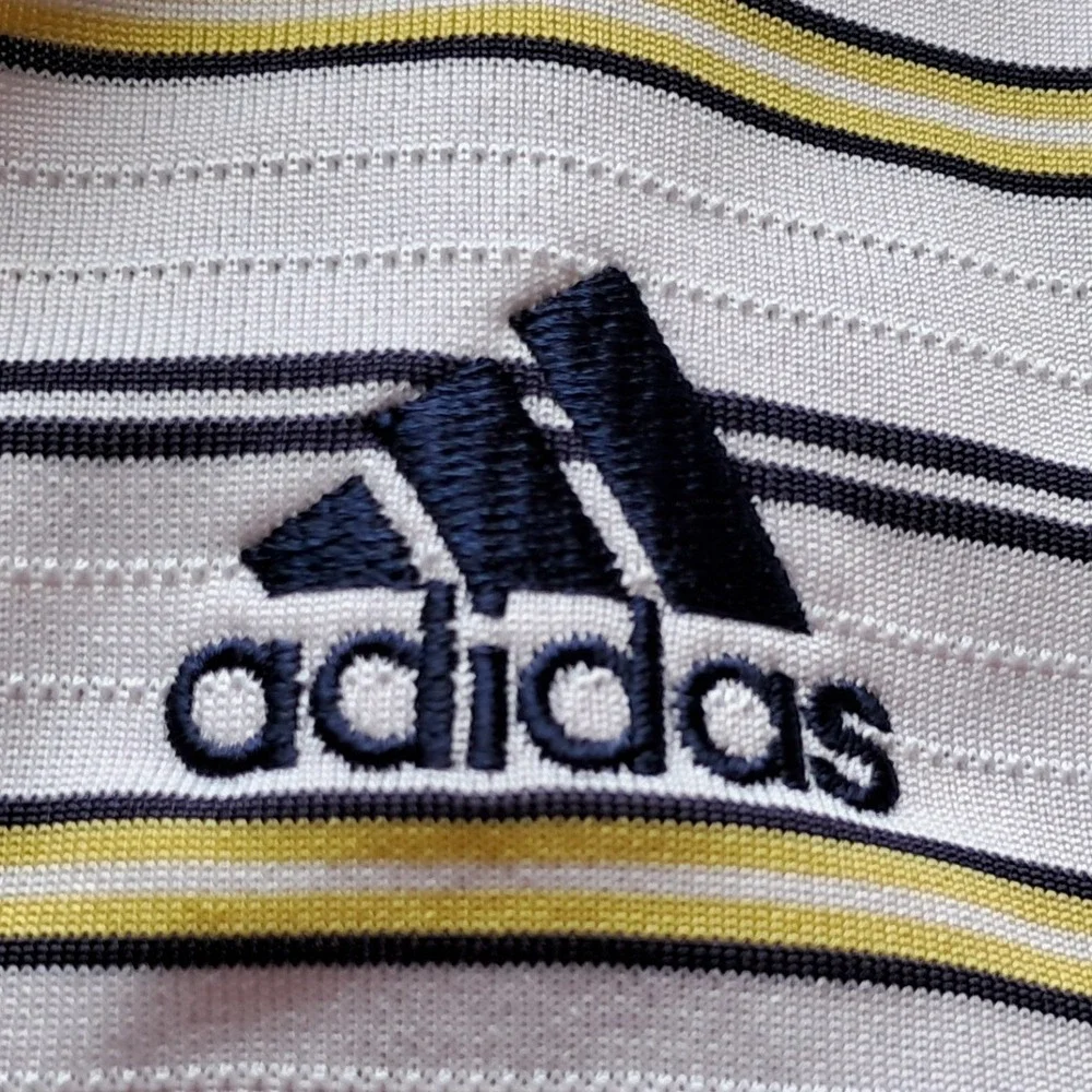 Adidas Golf Mens 2XL‎ Striped Polo Shirt White Blue Yellow Short Sleeve RN 88387